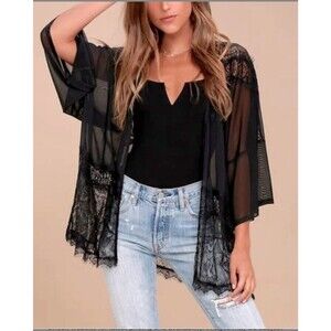 Polly & Esther Kimono Black Feminine Festival Boho Place Sheer Swim Coverup SZ S